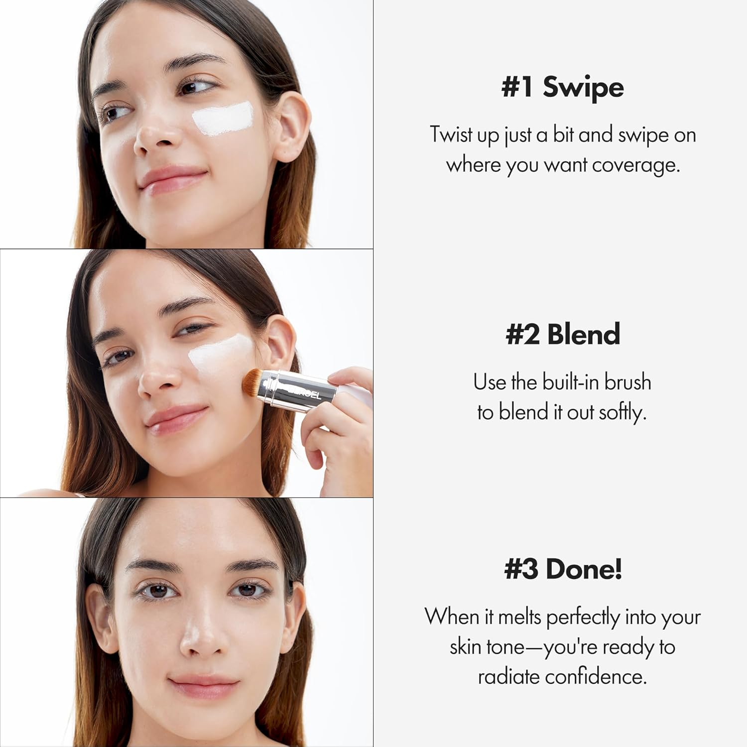 Cream Stick V White - Korean Color-Changing Foundation Stick with Volufiline - Medium to Full Coverage Dewy Finish Base Makeup - Dual-Ended with Detachable Brush (203 Medium)
